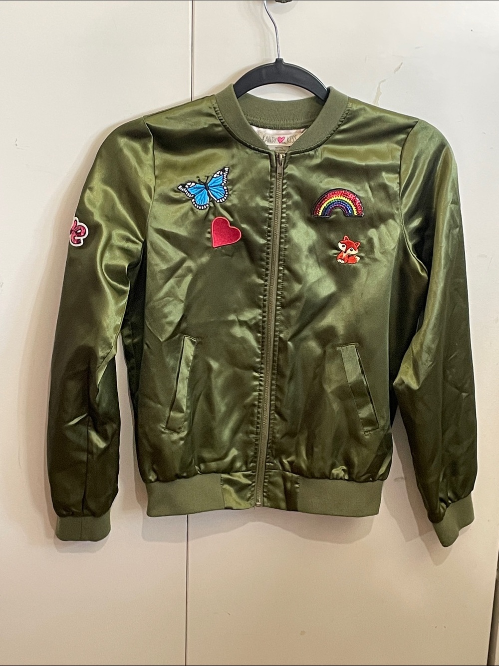 Kandy Kiss Girls Army Green Full Zip Up Jacket Cute Patches Lightweight Size L